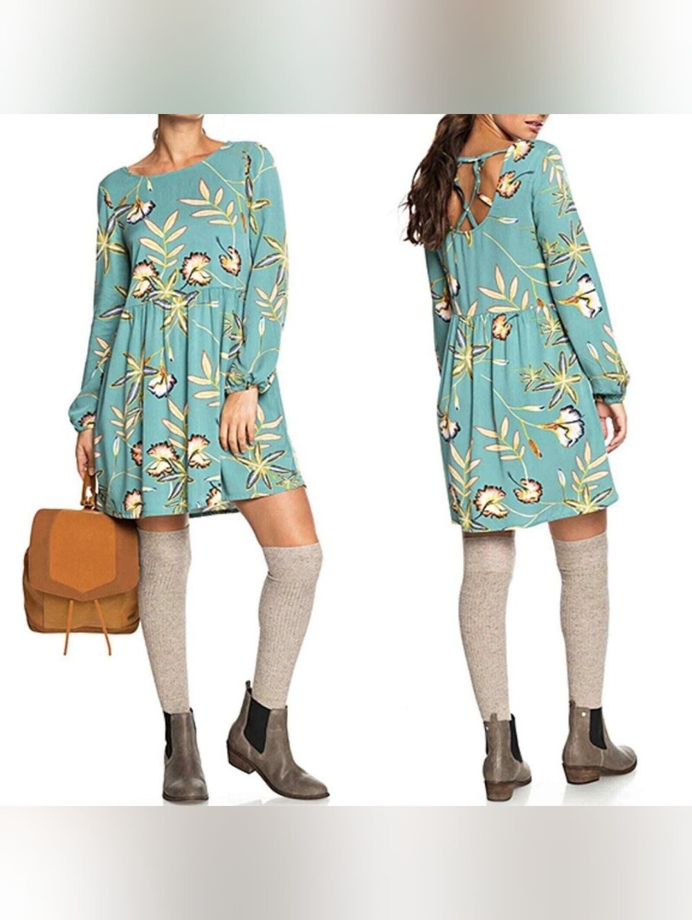 Roxy Highland Escape Tropical Floral Print Long Sleeve Babydoll Dress